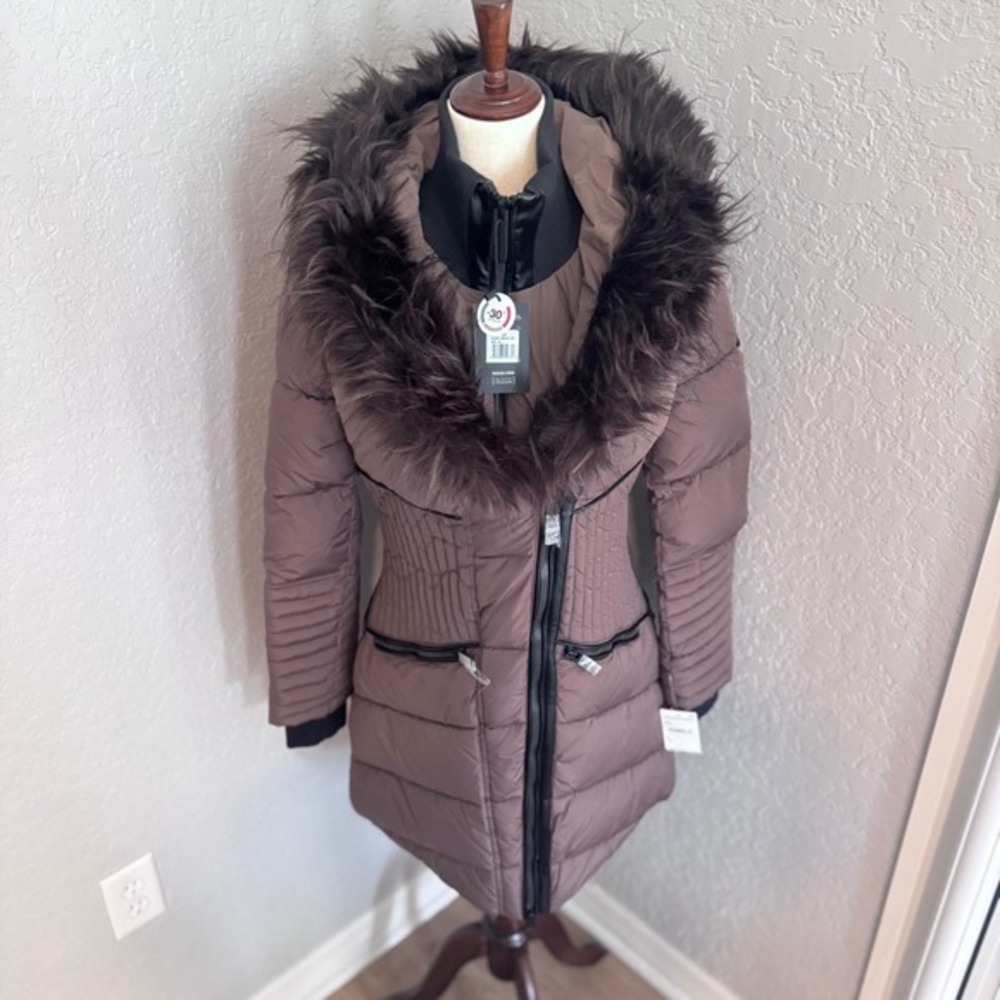 Noize Gigi Vegan Faux Fur Trim Quilted Parka Coat, Size Medium (8-10), Mocha NWT